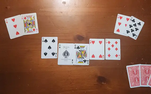 Texas Hold'em showdown with five community cards and players' hands revealed